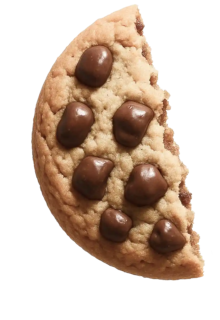 The left half of a chocolate chip cookie floating in mid-air on the right side of the page..