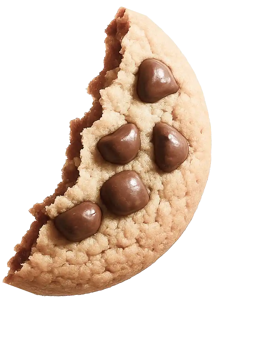 The right half of a chocolate chip cookie floating in mid-air on the right side of the page.