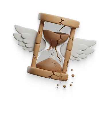 Emoji-style image of a cracked hourglass with wings.