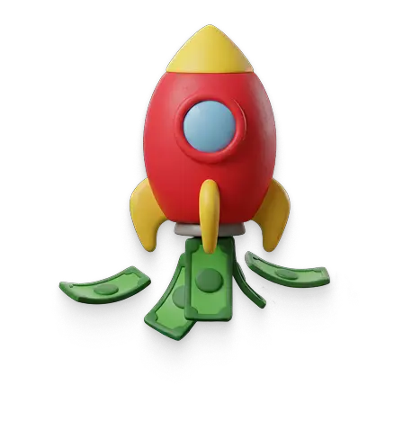 Emoji-style image of cash-propelled rocketship.